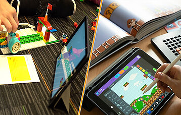 Kinderhände bauen Spielgeräte für Geschichten, die auf dem iPad umgesetzt werden.