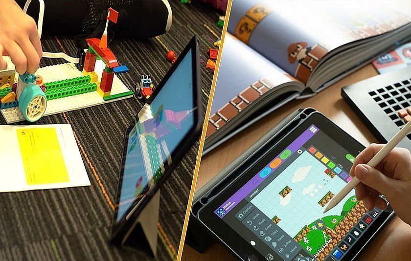 Kinderhände bauen Spielgeräte für Geschichten, die auf dem iPad umgesetzt werden.