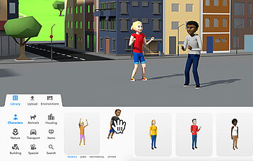 virtuelle Zeichnung: Mädchen und Junge auf Straße vor Haus