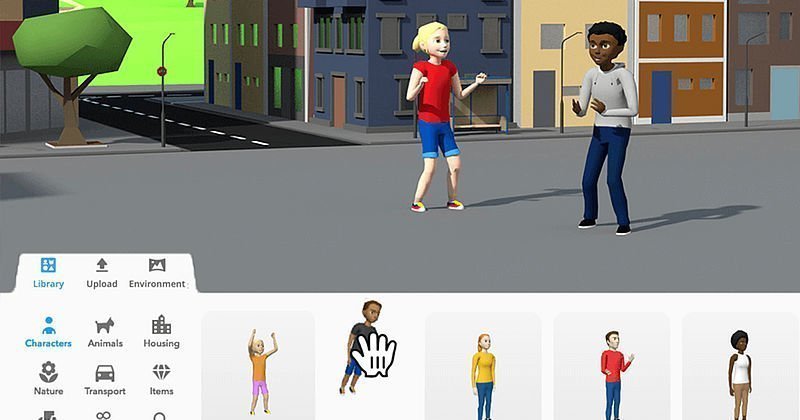 virtuelle Zeichnung: Mädchen und Junge auf Straße vor Haus